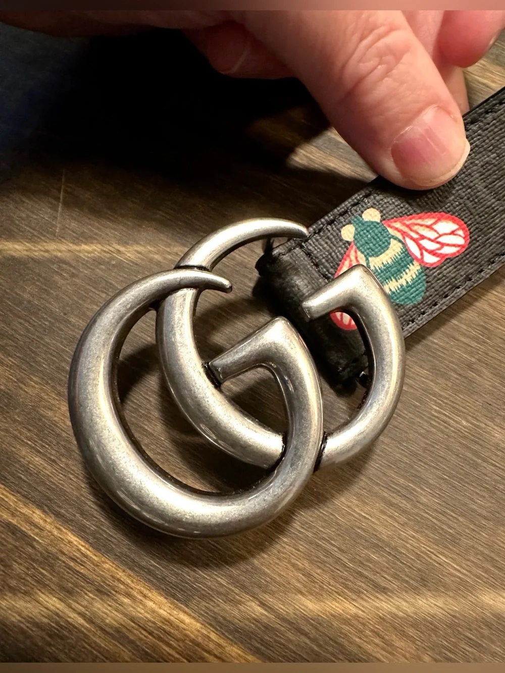 Gucci Black Bee-Print Leather Belt with Silver Double-G Buckle